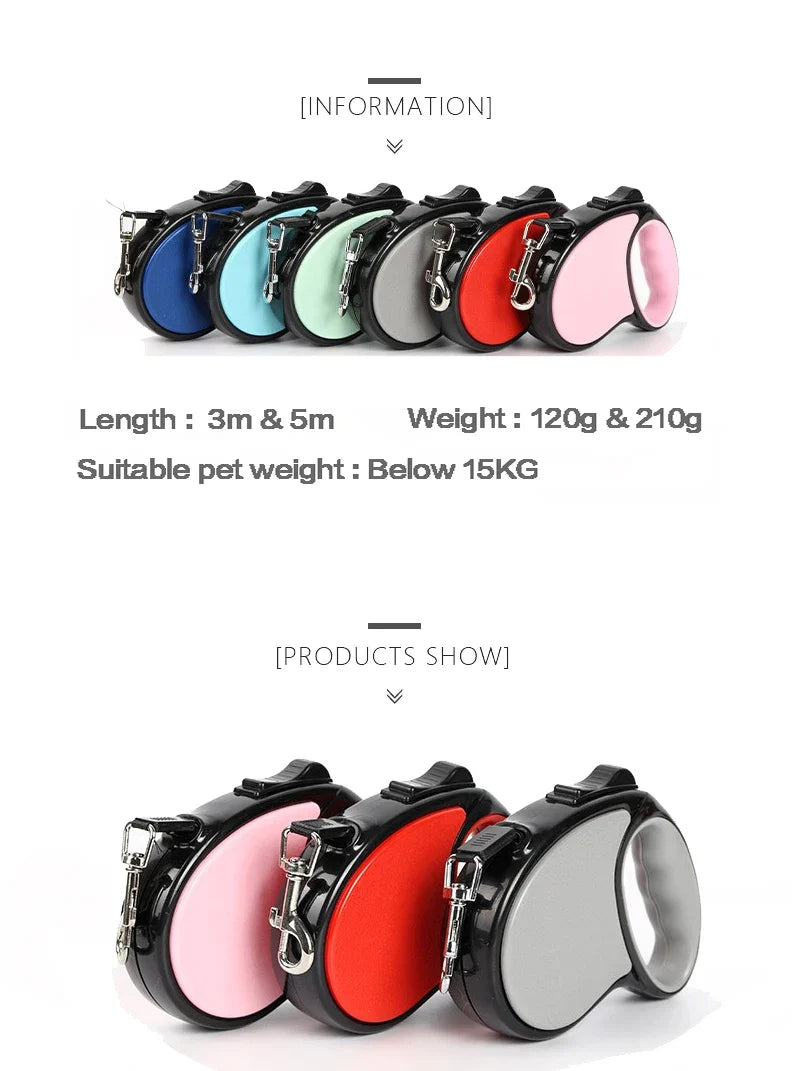 Retractable Nylon Dog Leash 3m & 5m for Small & Medium Dogs