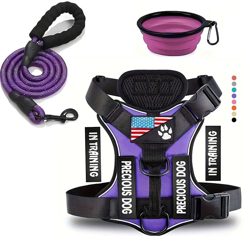 Reflective Dog Harness & Leash Set with Folding Bowl