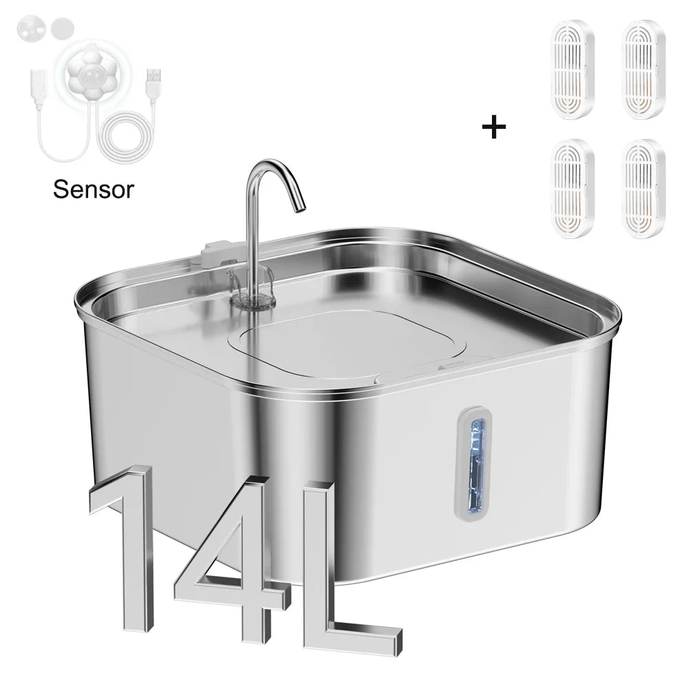 14L Large Capacity Stainless Steel Pet Water Fountain with Filter
