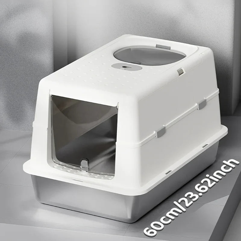 Enclosed Stainless Steel Cat Litter Box with Flip Cover & Non-Slip Mat