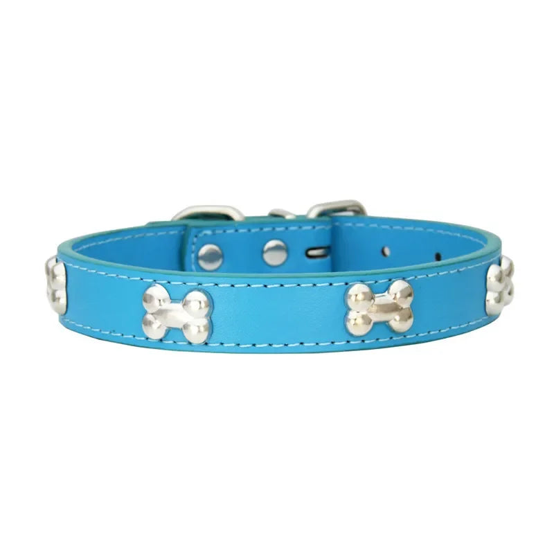 Durable Leather Dog Collar with Bone Design for Small to Large Dogs