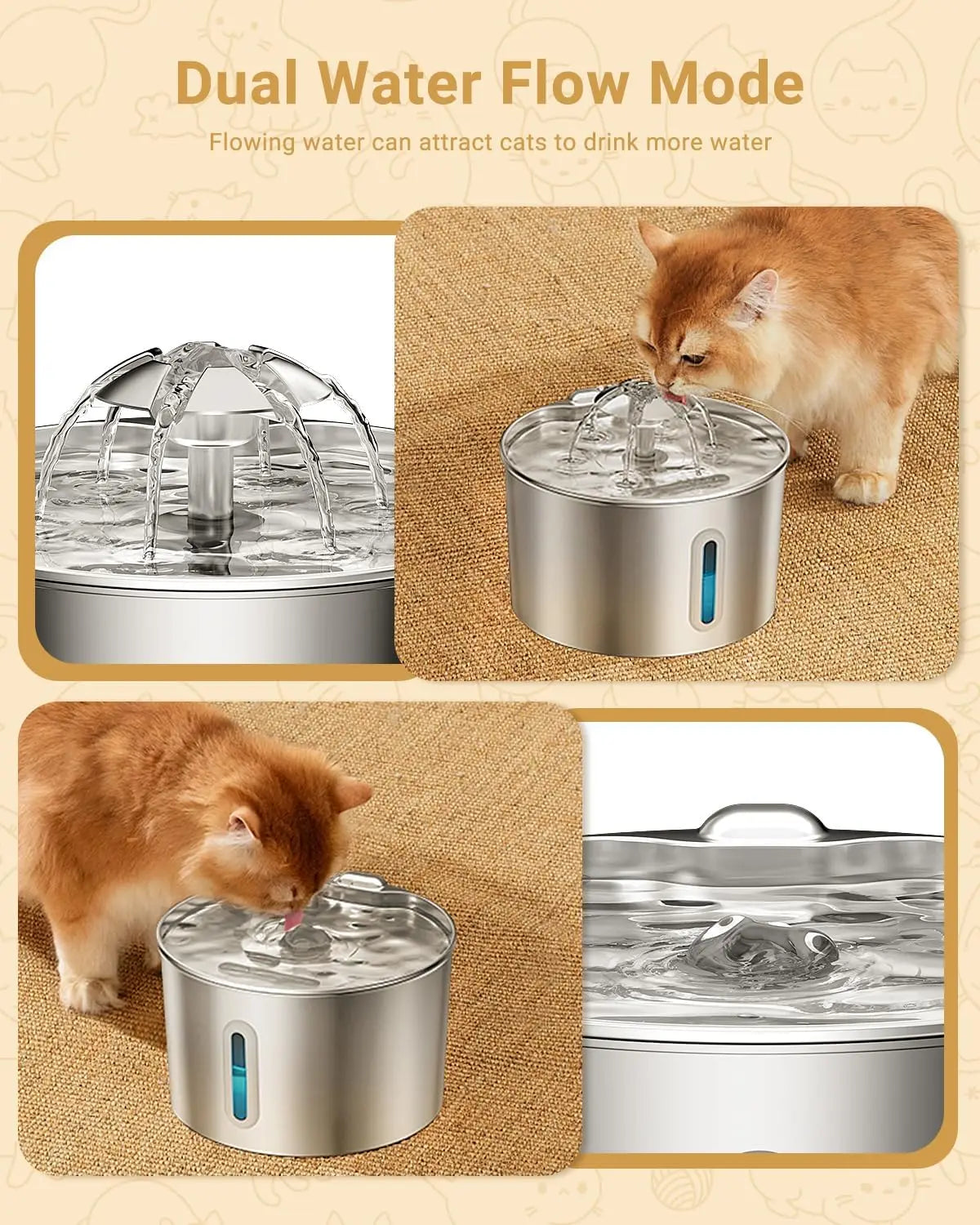 2.2L Stainless Steel Pet Water Fountain — Dual Outlet Mode & Flower Fountain Design
