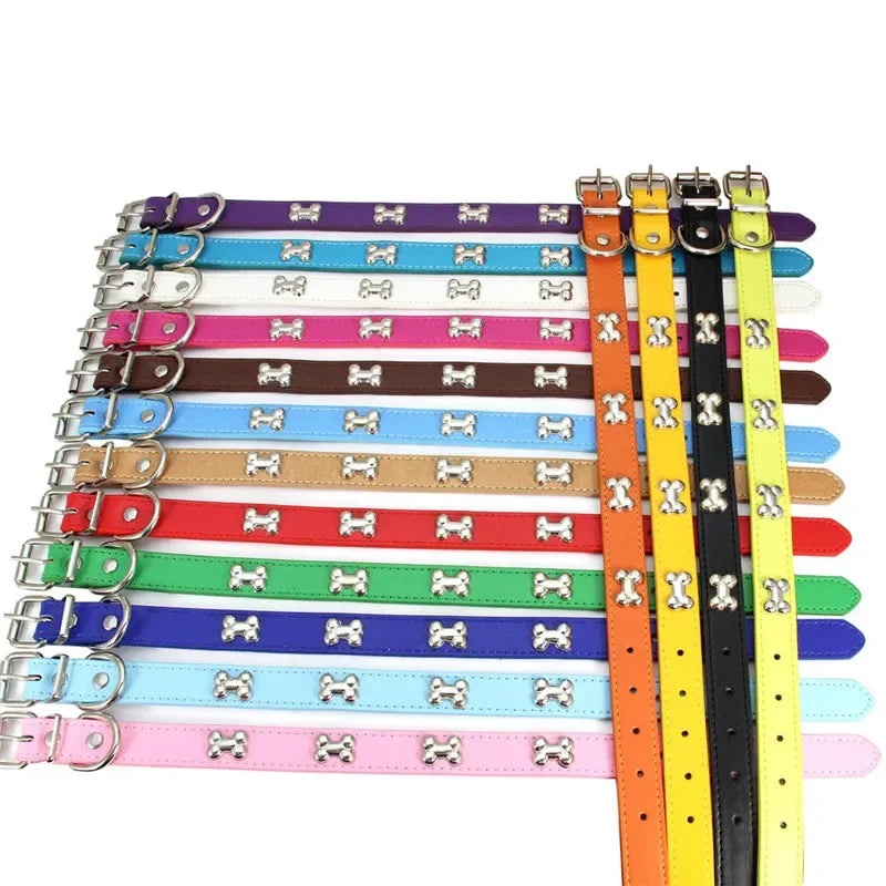 Durable Leather Dog Collar with Bone Design for Small to Large Dogs