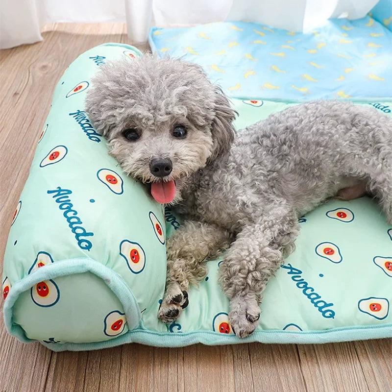 Ice Silk Cooling Mat for Dogs & Cats — Non-Slip, Washable with Integrated Pillow & Cute Print