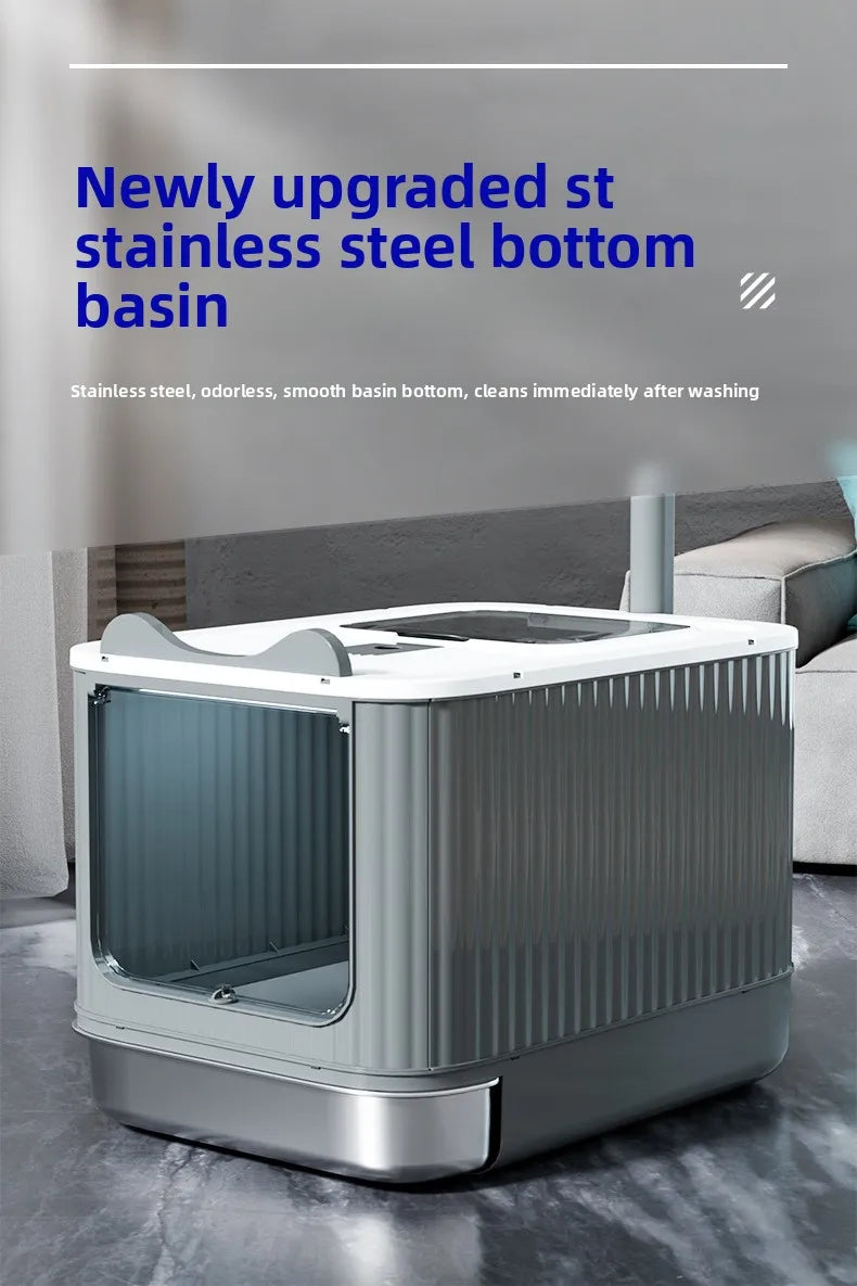 XXL Stainless Steel Enclosed Self-Cleaning Cat Litter Box — Anti-Splash Drawer in White, Yellow & Pink