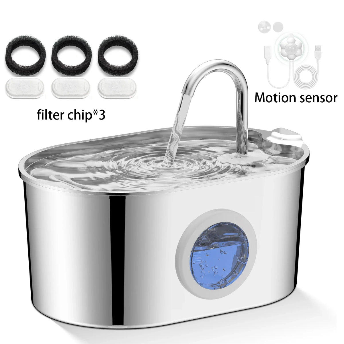 2.2L Stainless Steel Cat & Puppy Water Fountain — Water Level Window, Silent Pump & Filter