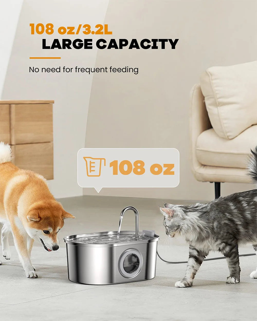 Premium Pet Water Fountain - 3.2L Stainless Steel with Silent Filter & Transparent Window