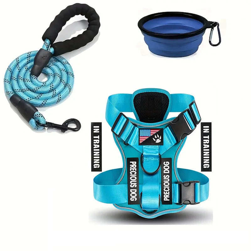 Reflective Dog Harness & Leash Set with Folding Bowl