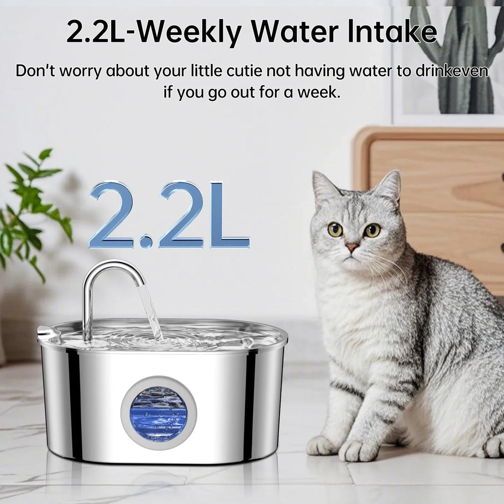 2.2L Stainless Steel Pet Water Fountain with Visible Window