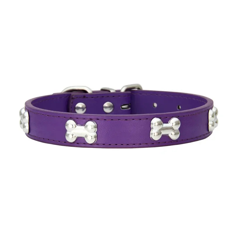 Durable Leather Dog Collar with Bone Design for Small to Large Dogs