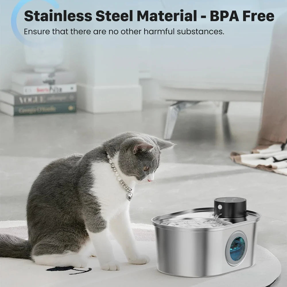 3.2L Wireless Motion Sensor Pet Water Fountain - Stainless Steel Rechargeable Automatic Dispenser