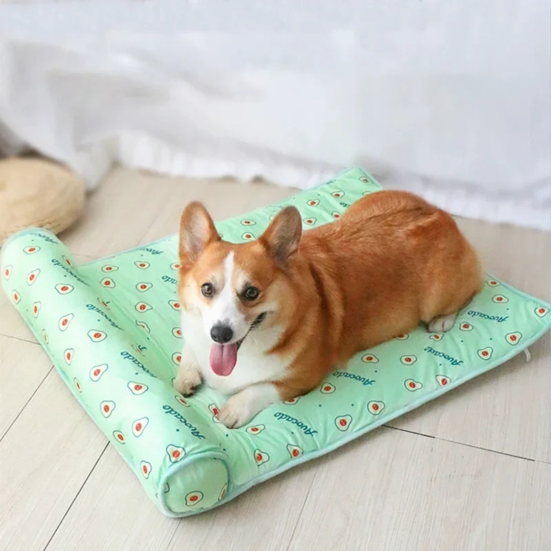 Ice Silk Cooling Mat for Dogs & Cats — Non-Slip, Washable with Integrated Pillow & Cute Print