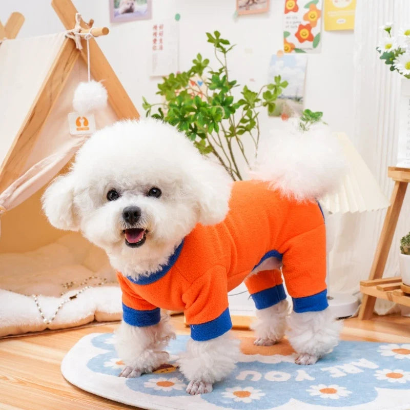 Fleece Dog Jumpsuit Hoodie with Leash Ring — Warm Winter Coat for Dogs & Cats