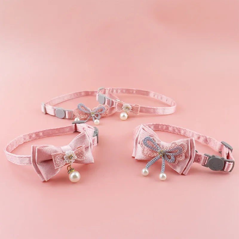 Pink Lace Bow Pet Collar with Bell for Cats and Small Dogs