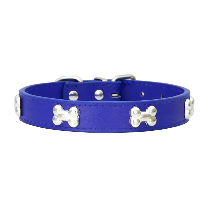 Durable Leather Dog Collar with Bone Design for Small to Large Dogs