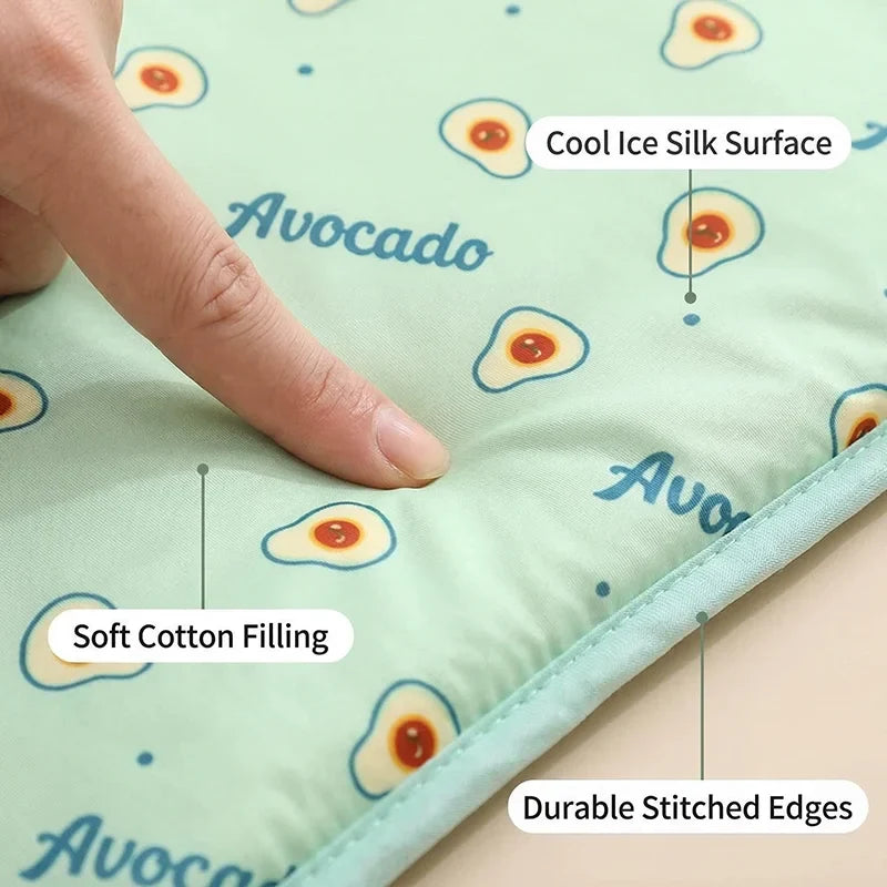 Ice Silk Cooling Mat for Dogs & Cats — Non-Slip, Washable with Integrated Pillow & Cute Print