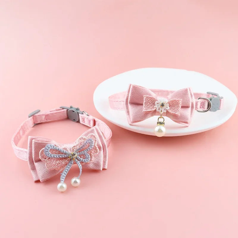 Pink Lace Bow Pet Collar with Bell for Cats and Small Dogs