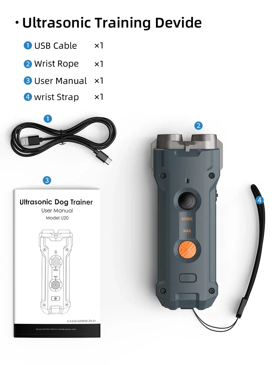 Ultrasonic Dog Repeller - Rechargeable Anti-Barking Device with LED Flashlight