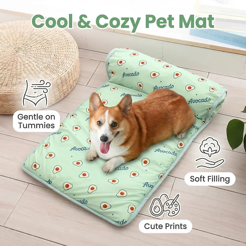 Ice Silk Cooling Mat for Dogs & Cats — Non-Slip, Washable with Integrated Pillow & Cute Print