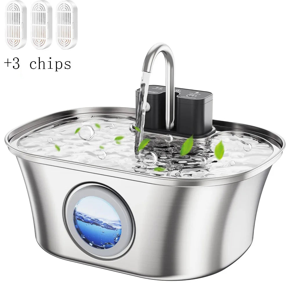 3.2L Stainless Steel Pet Water Fountain – Wireless Charging with Water Level Window
