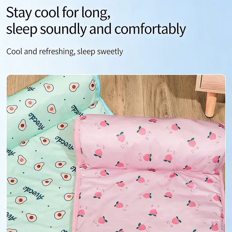 Ice Silk Cooling Mat for Dogs & Cats — Non-Slip, Washable with Integrated Pillow & Cute Print