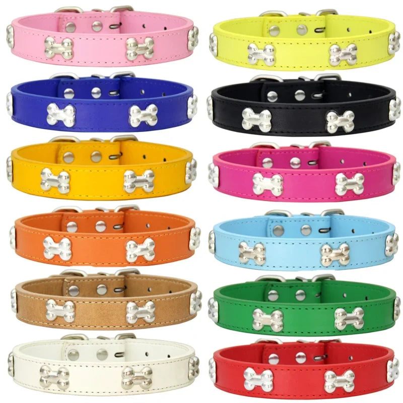 Durable Leather Dog Collar with Bone Design for Small to Large Dogs