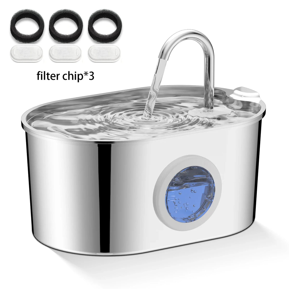 2.2L Stainless Steel Cat & Puppy Water Fountain — Water Level Window, Silent Pump & Filter