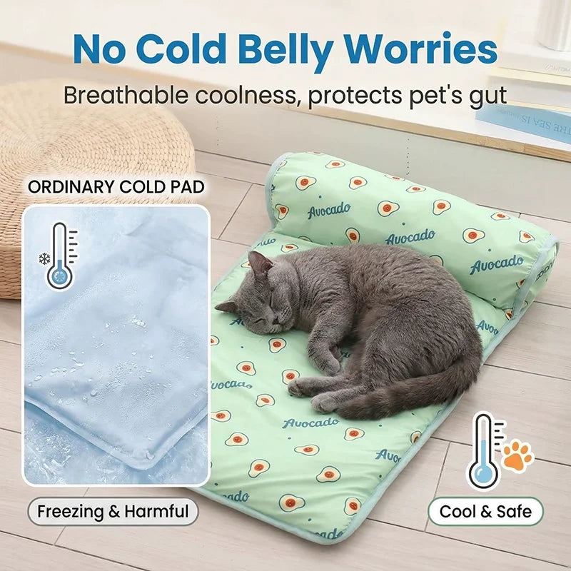 Ice Silk Cooling Mat for Dogs & Cats — Non-Slip, Washable with Integrated Pillow & Cute Print