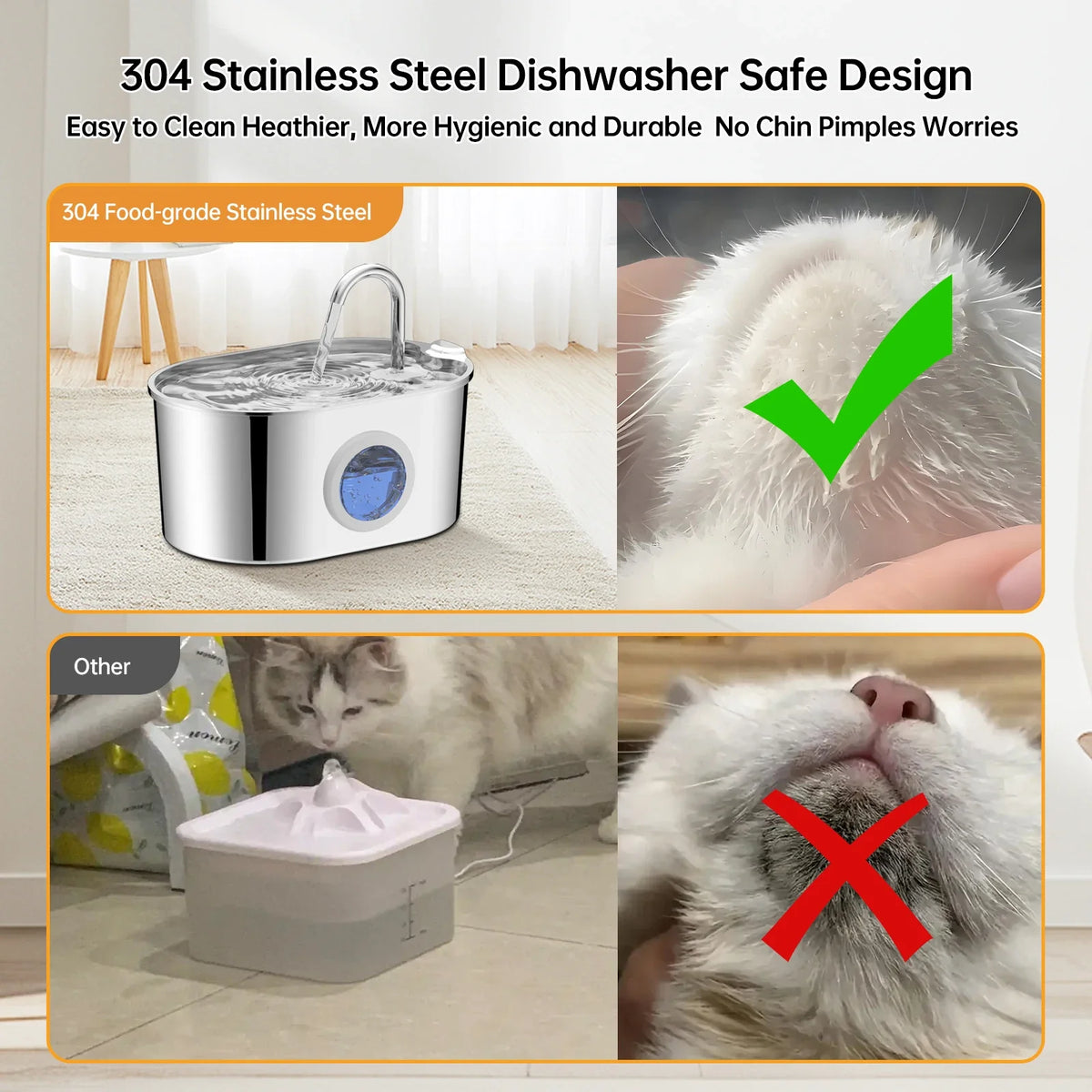 2.2L Stainless Steel Cat & Puppy Water Fountain — Water Level Window, Silent Pump & Filter