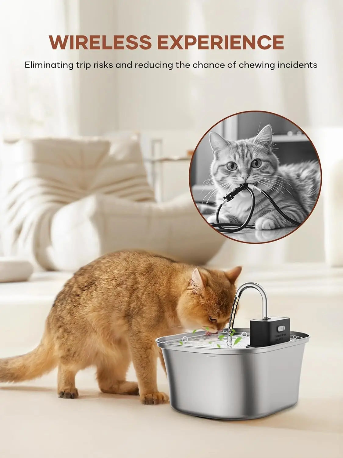 3.2L Stainless Steel Pet Water Fountain – Wireless Charging with Water Level Window