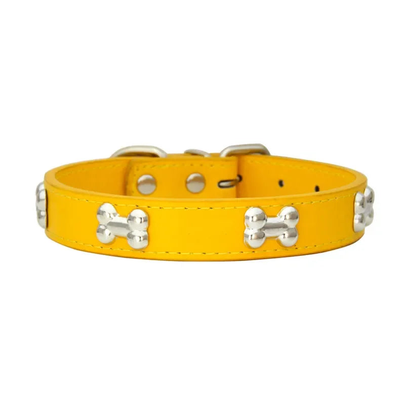 Durable Leather Dog Collar with Bone Design for Small to Large Dogs