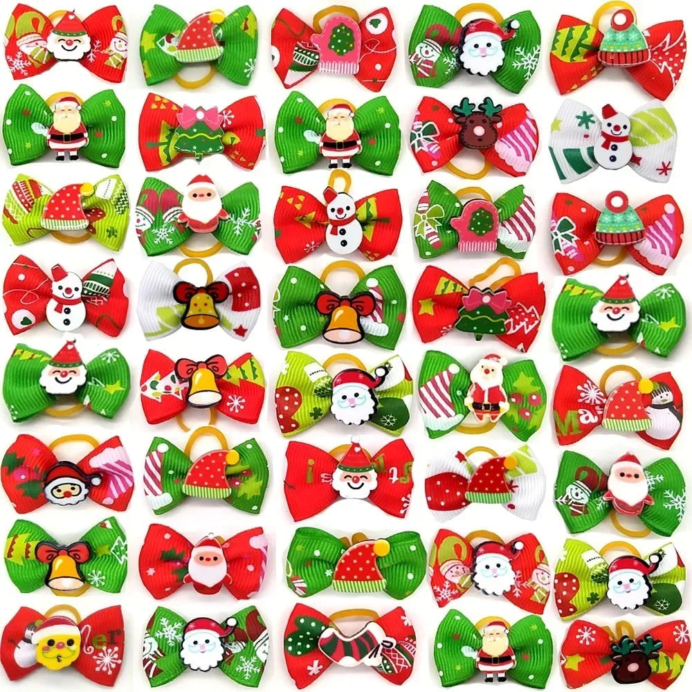 Christmas Dog Hair Bows with Rubber Bands - Handmade Grooming Accessories (50/1000 Pack)