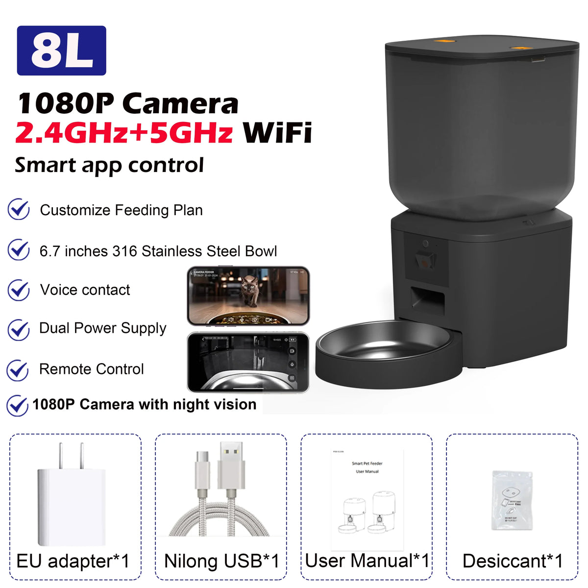 8L Smart Pet Feeder with 1080P Camera, Night Vision & Stainless Steel Bowl — 5G Wi-Fi & Tuya App