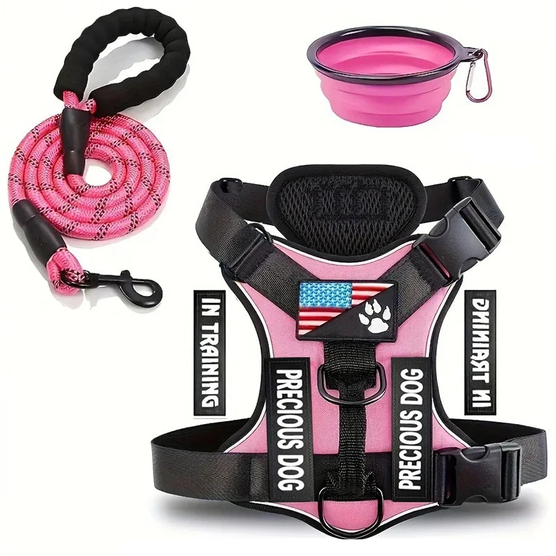 Reflective Dog Harness & Leash Set with Folding Bowl