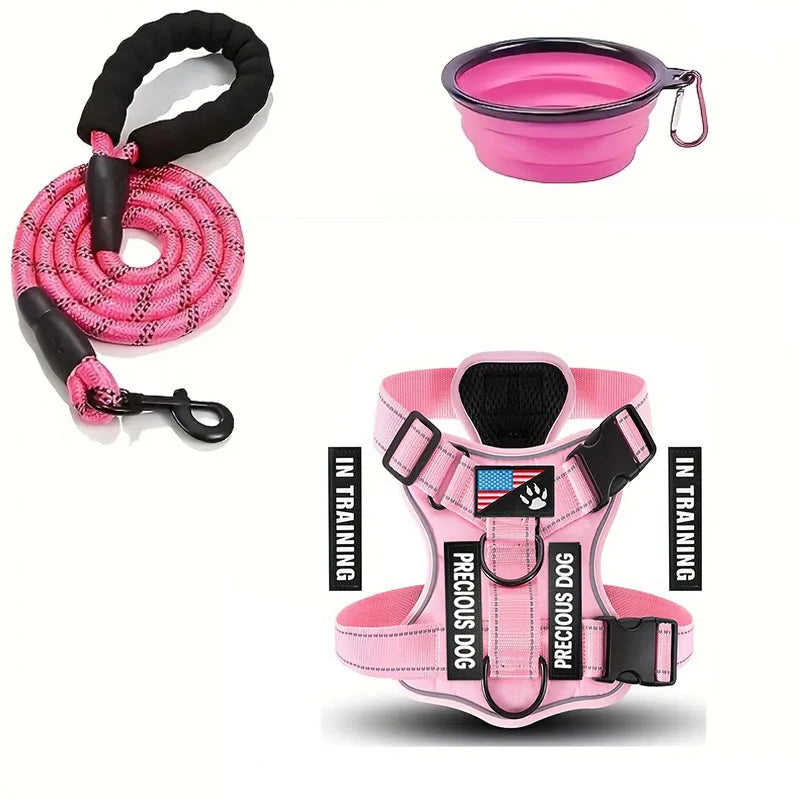 Reflective Dog Harness & Leash Set with Folding Bowl