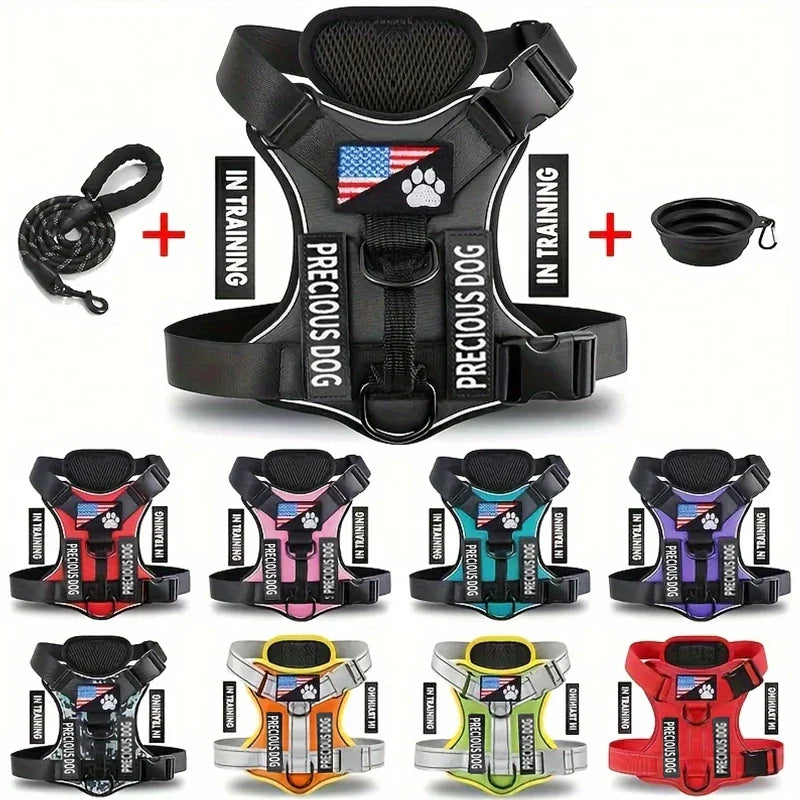Reflective Dog Harness & Leash Set with Folding Bowl