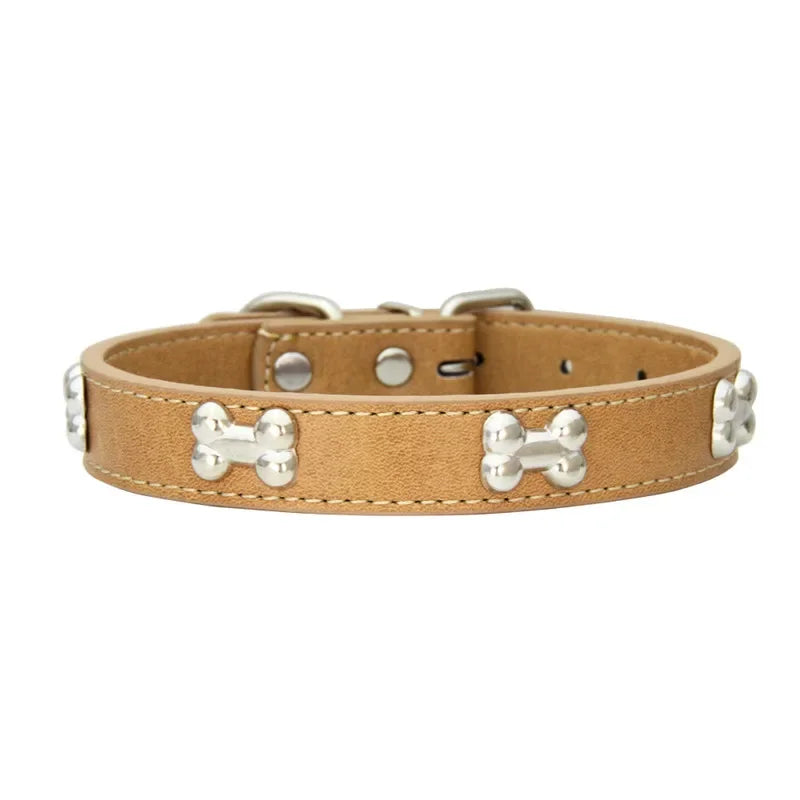 Durable Leather Dog Collar with Bone Design for Small to Large Dogs