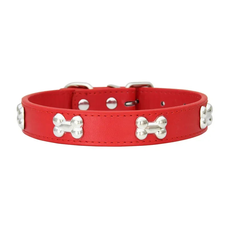 Durable Leather Dog Collar with Bone Design for Small to Large Dogs
