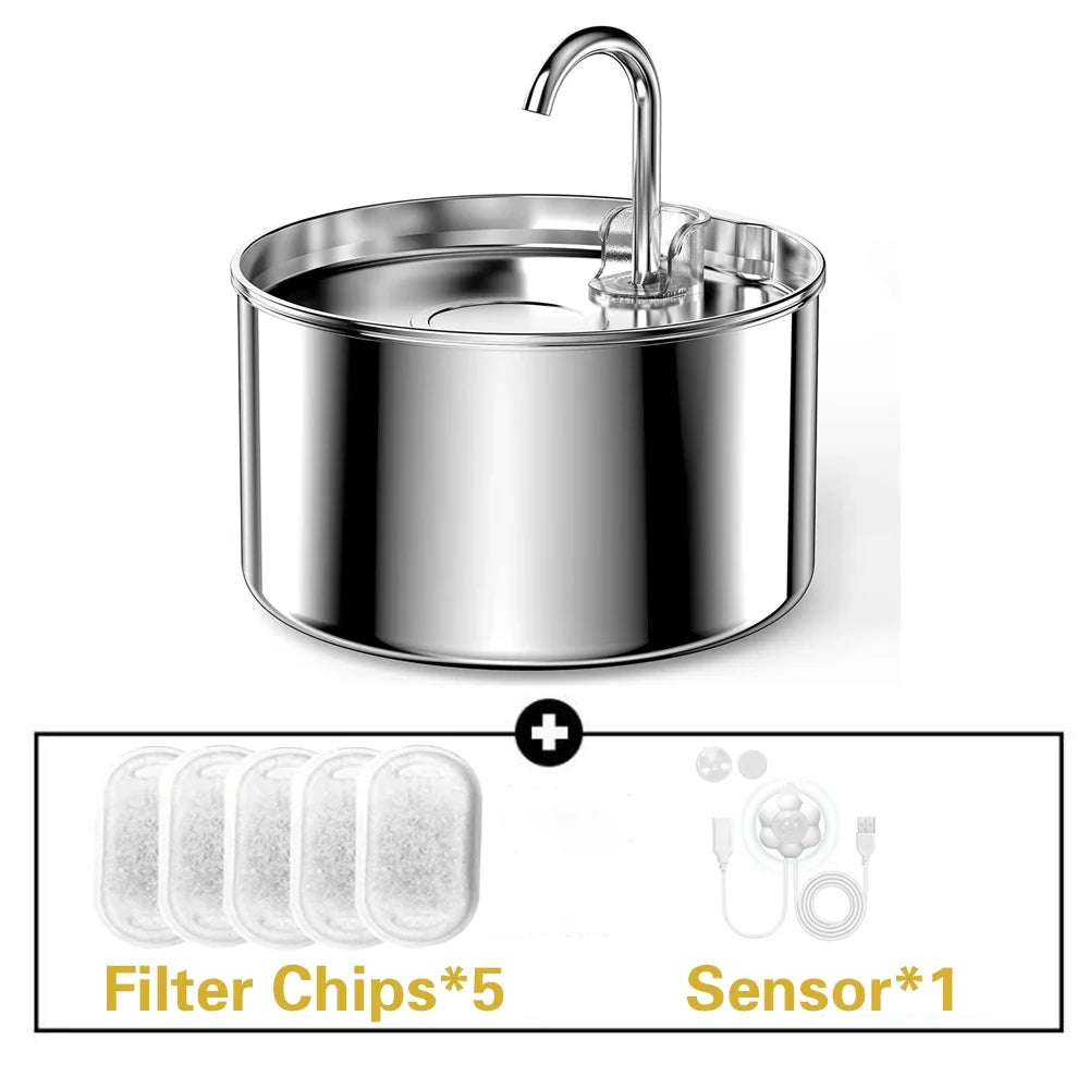 2.2L Stainless Steel Silent Pet Water Fountain — Dual Style with Filter & Sensor Options