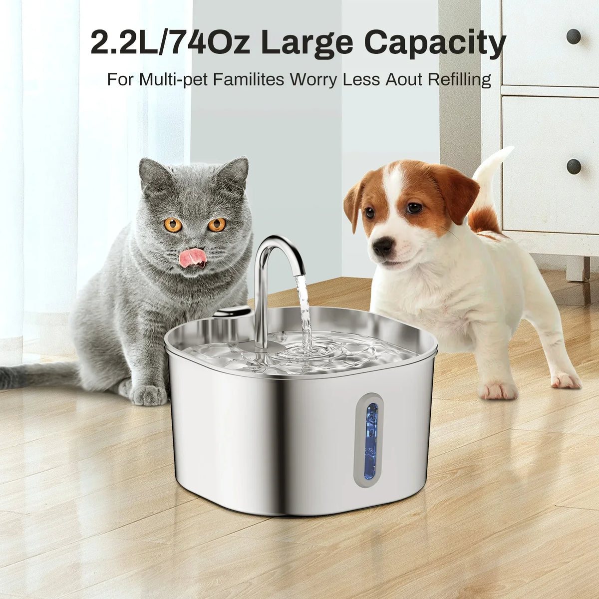 2.2L Stainless Steel Cat Water Fountain — Artesian Flow, Ultra-Quiet Pump & Filter