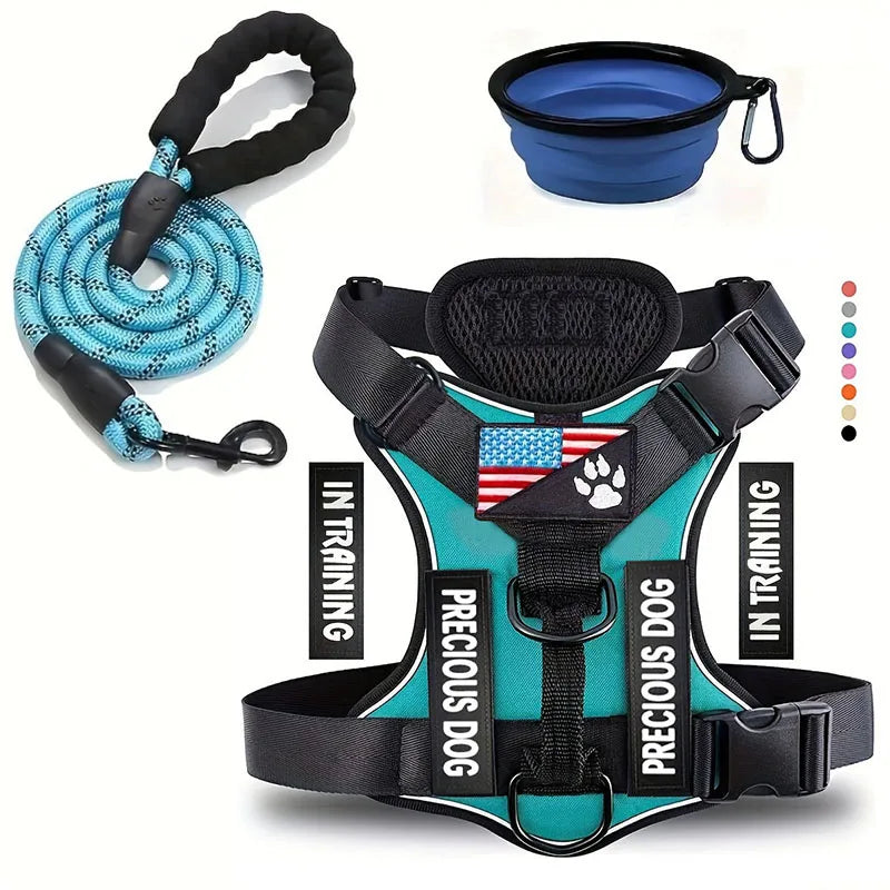 Reflective Dog Harness & Leash Set with Folding Bowl