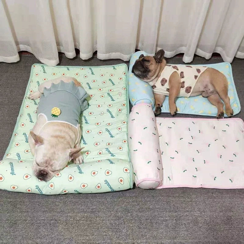 Ice Silk Cooling Mat for Dogs & Cats — Non-Slip, Washable with Integrated Pillow & Cute Print
