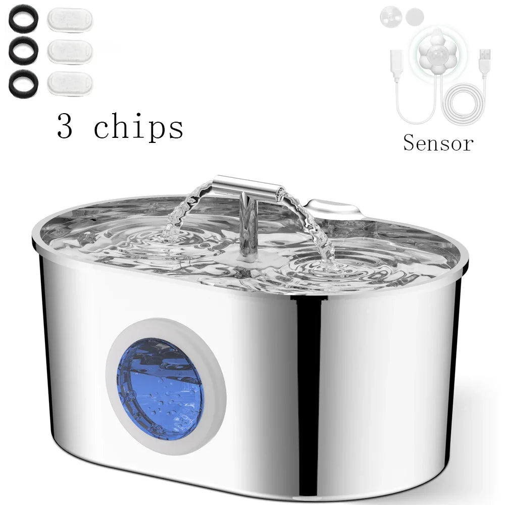 2.2L Stainless Steel Pet Water Fountain – Dual Outlet with Water Level Window