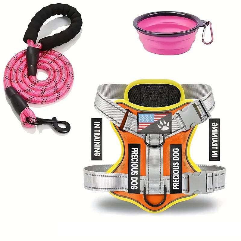 Reflective Dog Harness & Leash Set with Folding Bowl