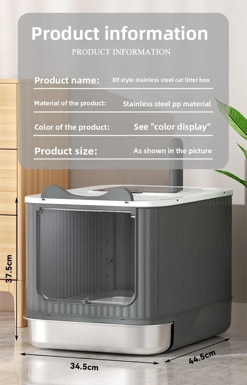 XXL Stainless Steel Enclosed Self-Cleaning Cat Litter Box — Anti-Splash Drawer in White, Yellow & Pink