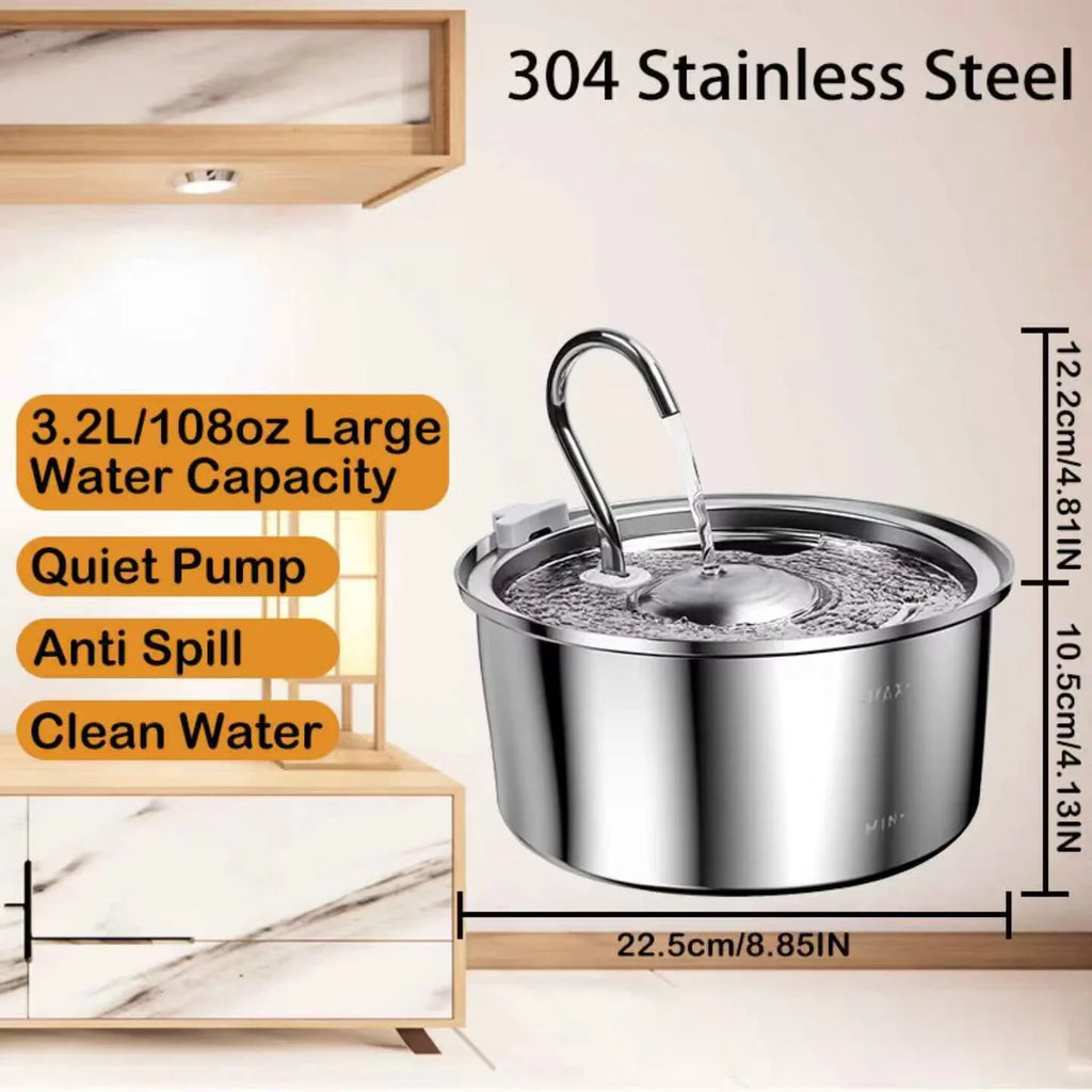 3.2L Stainless Steel Pet Water Fountain — Silent Filter Pump for Cats & Dogs