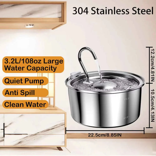 3.2L Stainless Steel Pet Water Fountain — Silent Filter Pump for Cats & Dogs