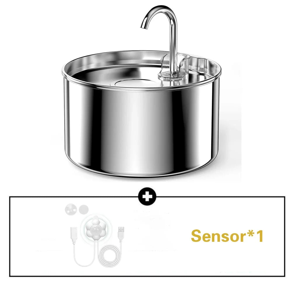 2.2L Stainless Steel Silent Pet Water Fountain — Dual Style with Filter & Sensor Options