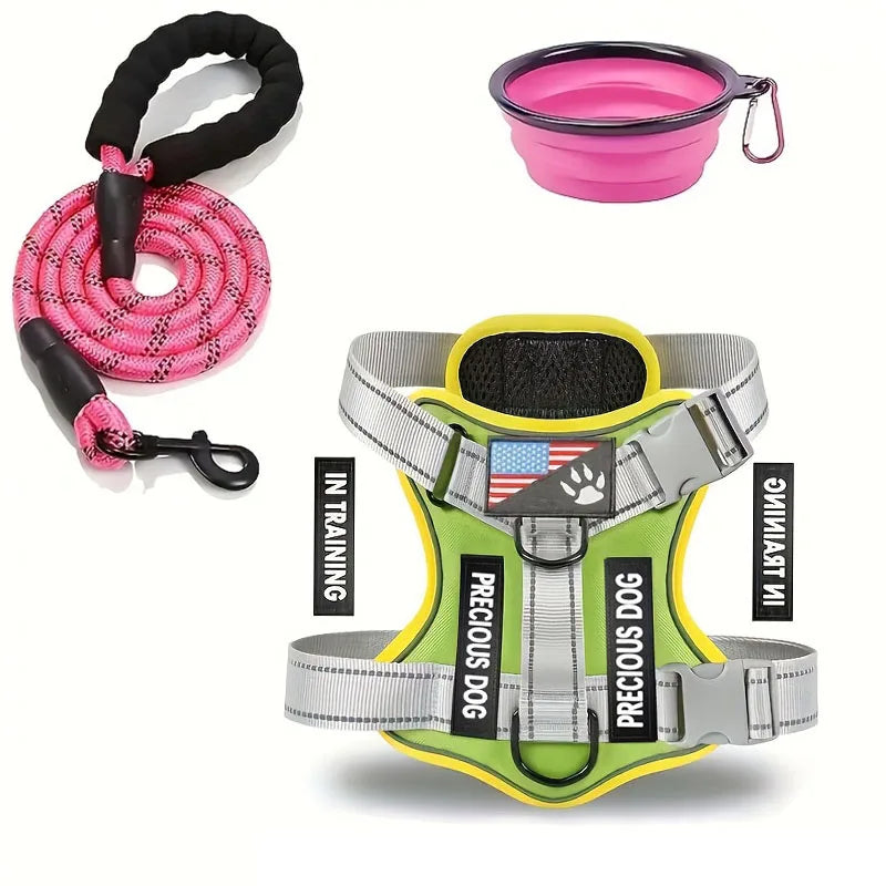 Reflective Dog Harness & Leash Set with Folding Bowl