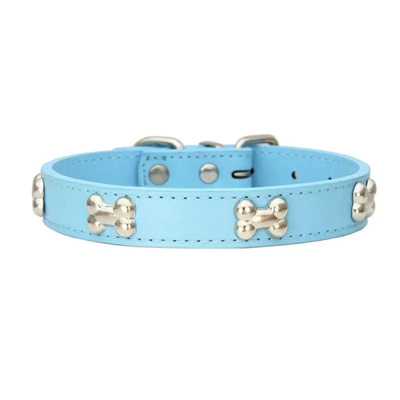 Durable Leather Dog Collar with Bone Design for Small to Large Dogs
